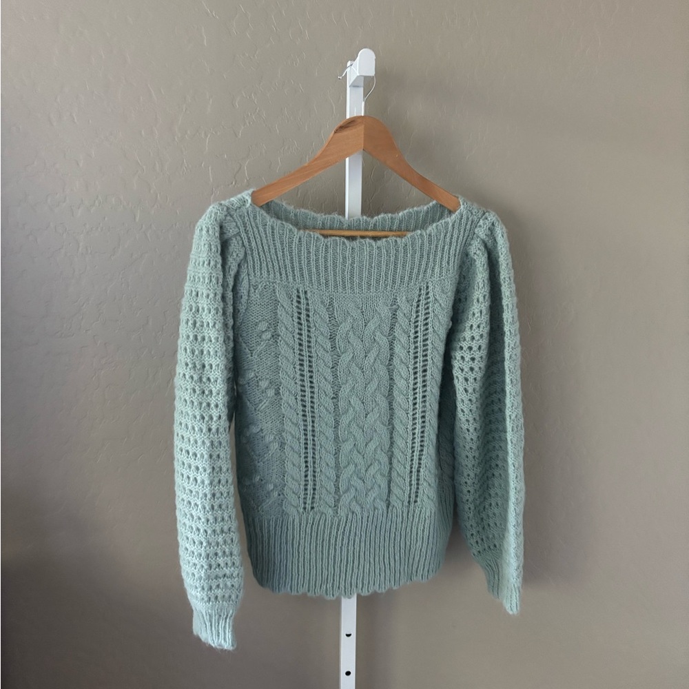 LoveShackFancy Mint Green Off-Shoulder alpaca blend Knit Sweater